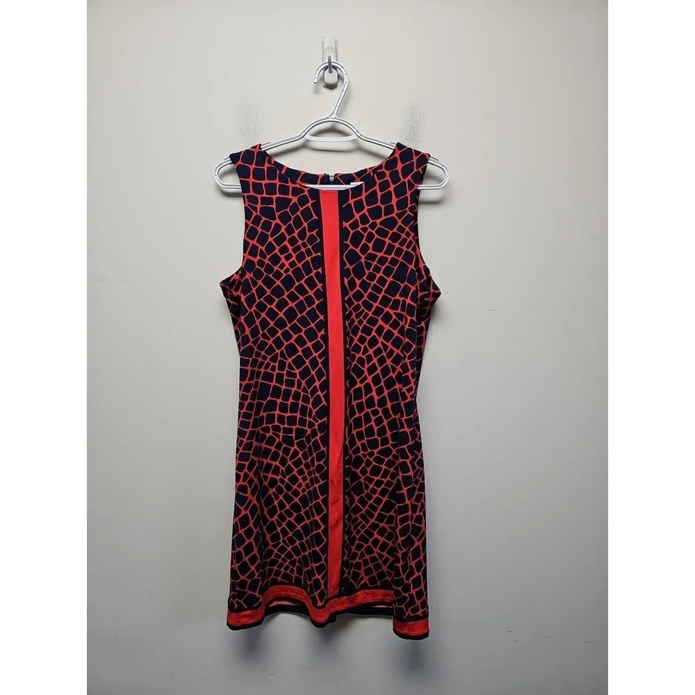 Womens Dress-MICHAEL KORS-navy/red patterned stretch knit sleeveless shift-L
